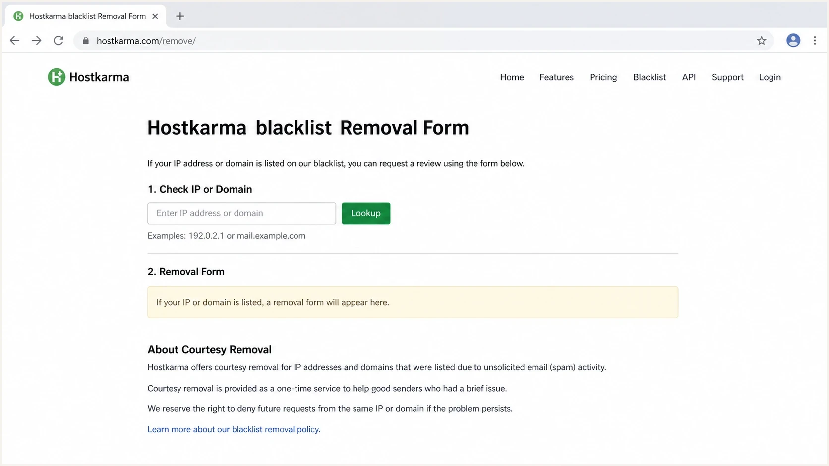 Screenshot-style view of the Hostkarma blacklist removal form.