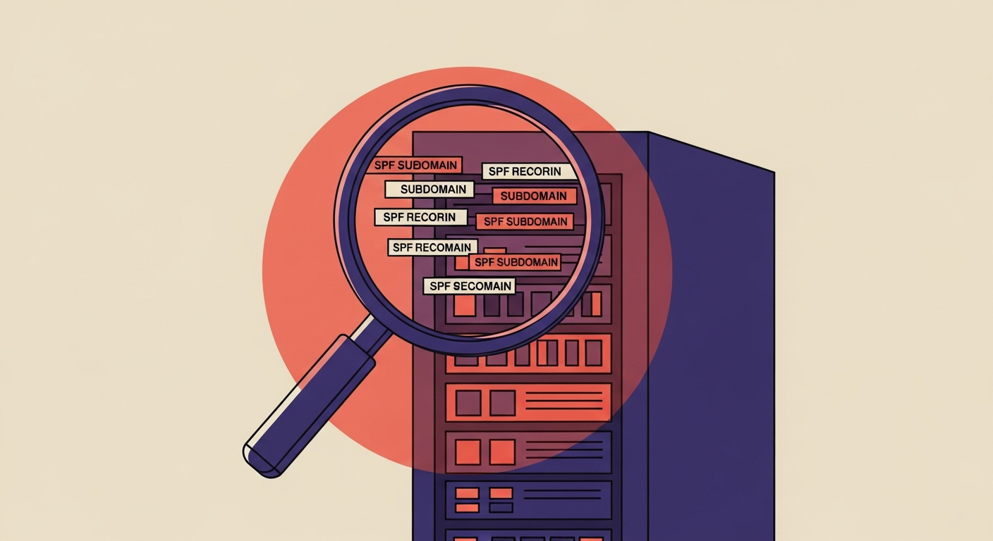 Illustration of a magnifying glass examining SPF records for multiple subdomains on a server rack.