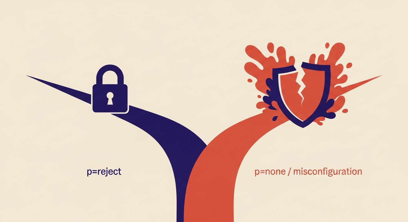 An illustration showing a secure path to DMARC p=reject and a risky path to p=none or misconfiguration.