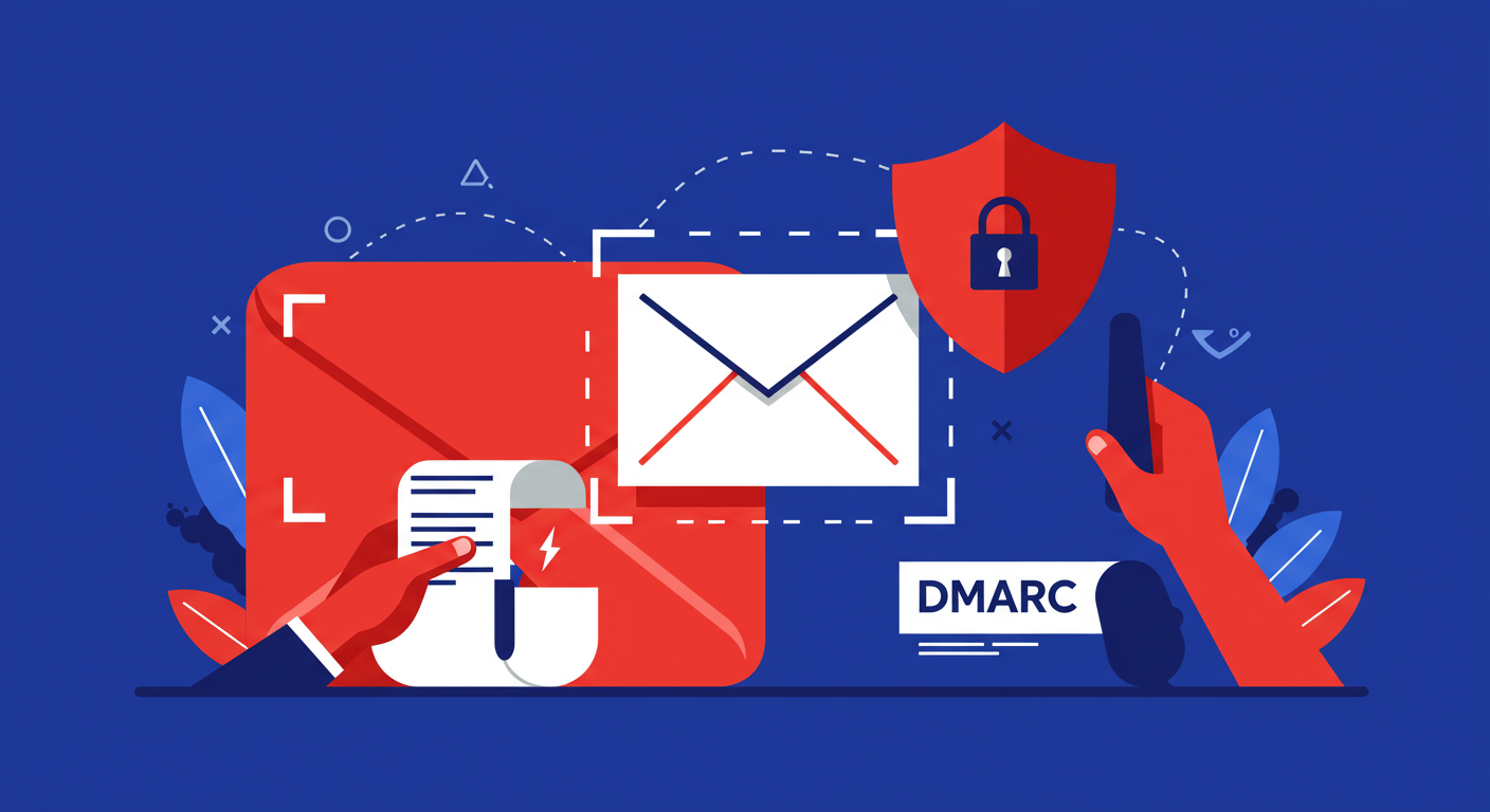 A minimalist illustration of a secure email with a shield, symbolizing DMARC protection.