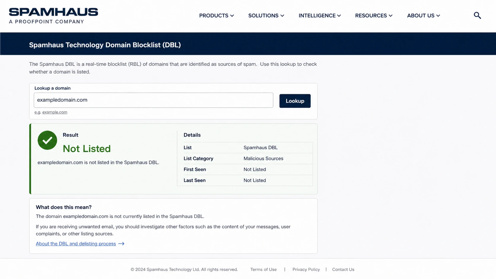 A Spamhaus DBL lookup screen showing a domain reputation result.