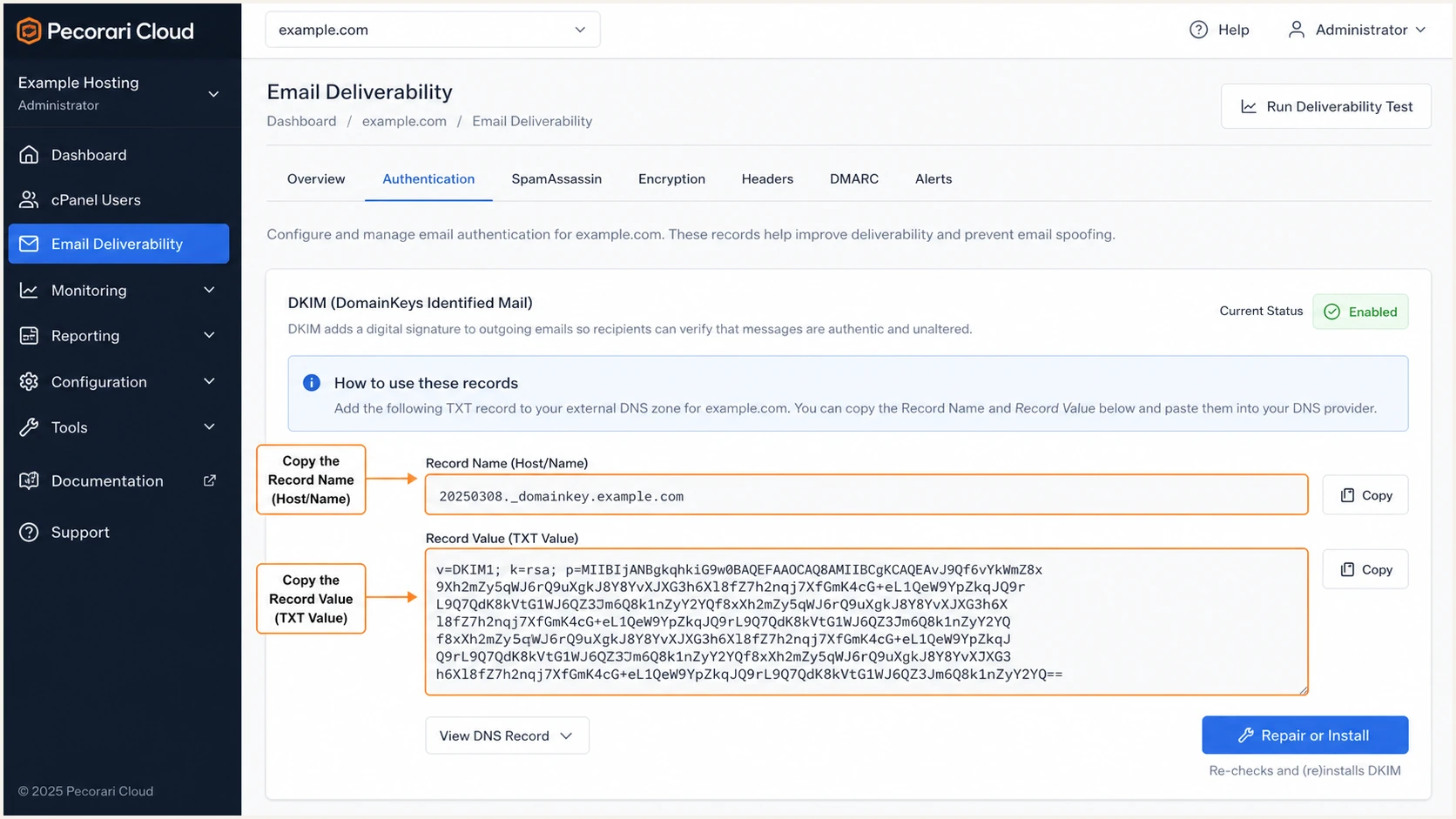 Pecorari Cloud cPanel DKIM record and repair action