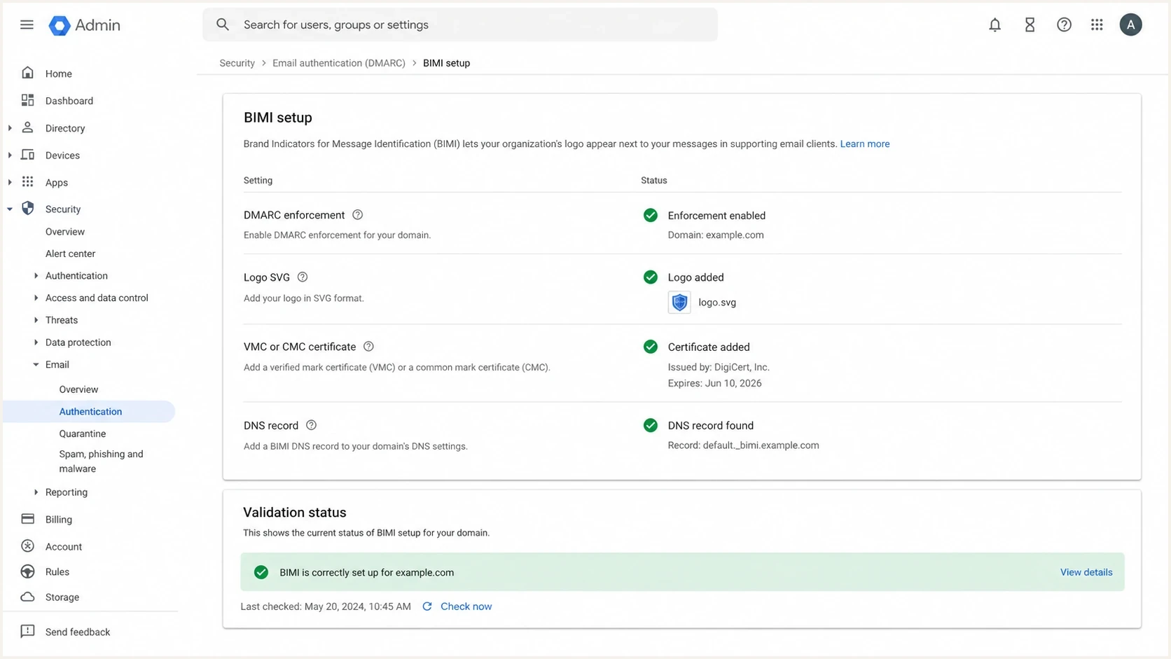 Google Workspace Admin console style BIMI setup screen with DMARC, logo, certificate, and DNS status rows.