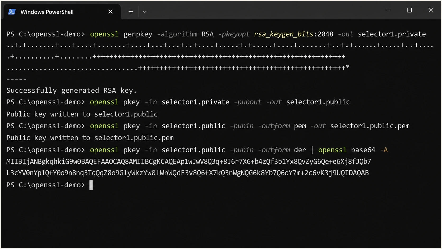 OpenSSL commands in a terminal generating a 2048-bit RSA DKIM key pair.