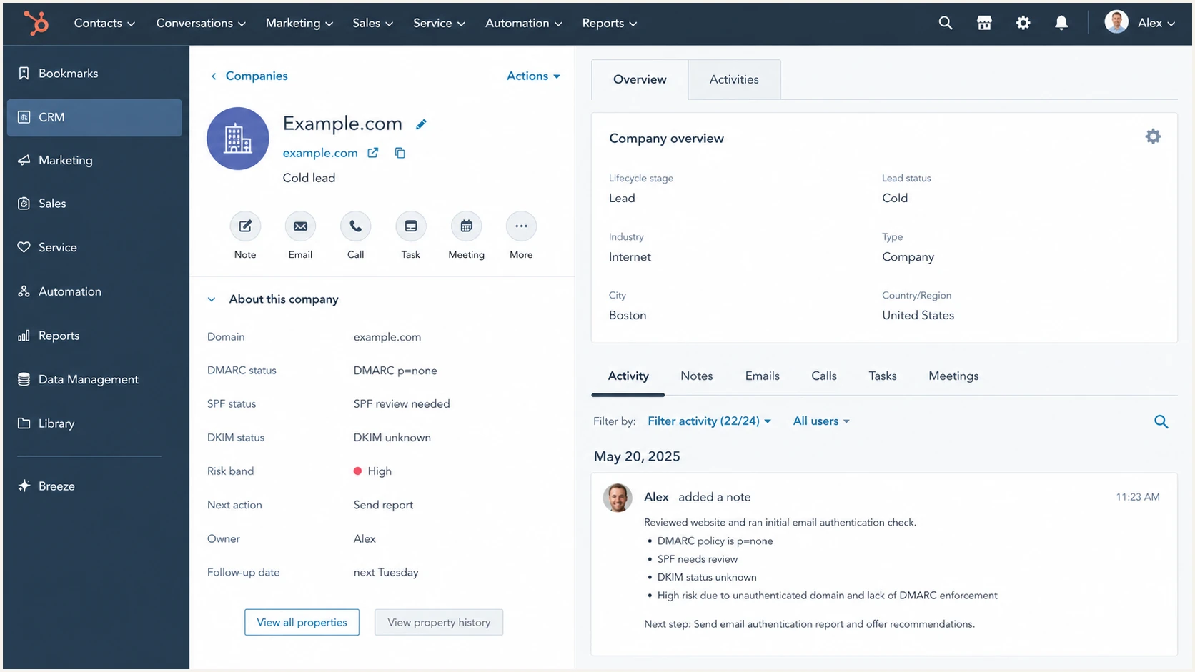 A HubSpot CRM company record with DMARC prospecting fields for a cold lead.