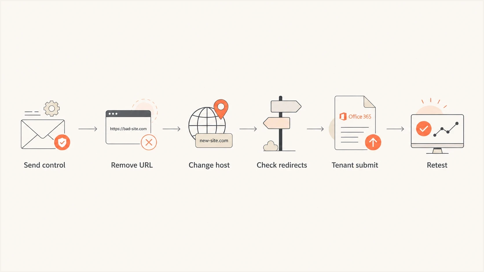Flowchart for testing whether an Office 365 filtering issue follows a URL.