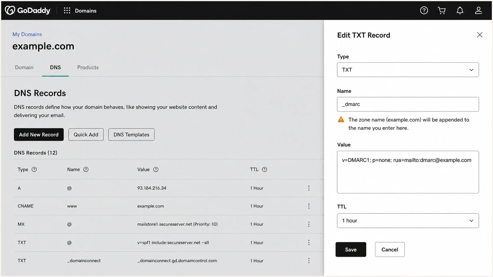 GoDaddy DNS Management screenshot showing a DMARC TXT record with the host set to _dmarc.