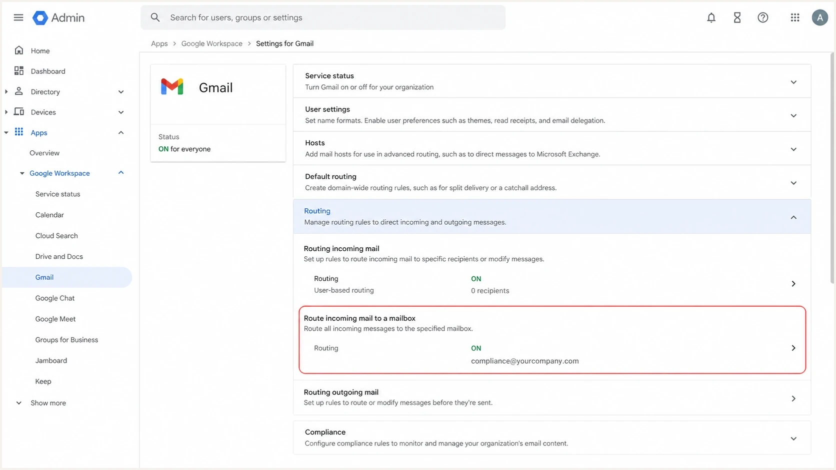 Google Admin console routing settings relevant to plus-addressed mail.