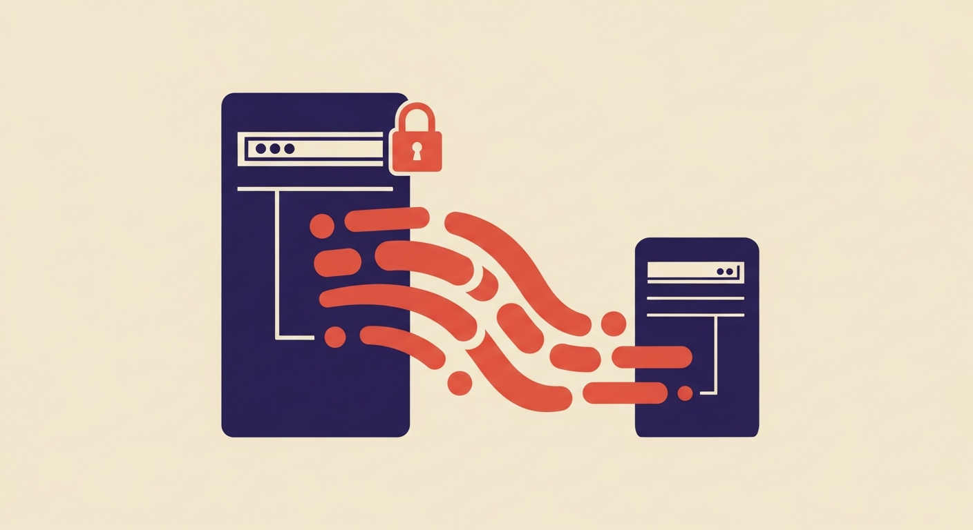 Stylized illustration of a secure server transmitting an MTA-STS policy file over HTTPS, highlighting the encryption.