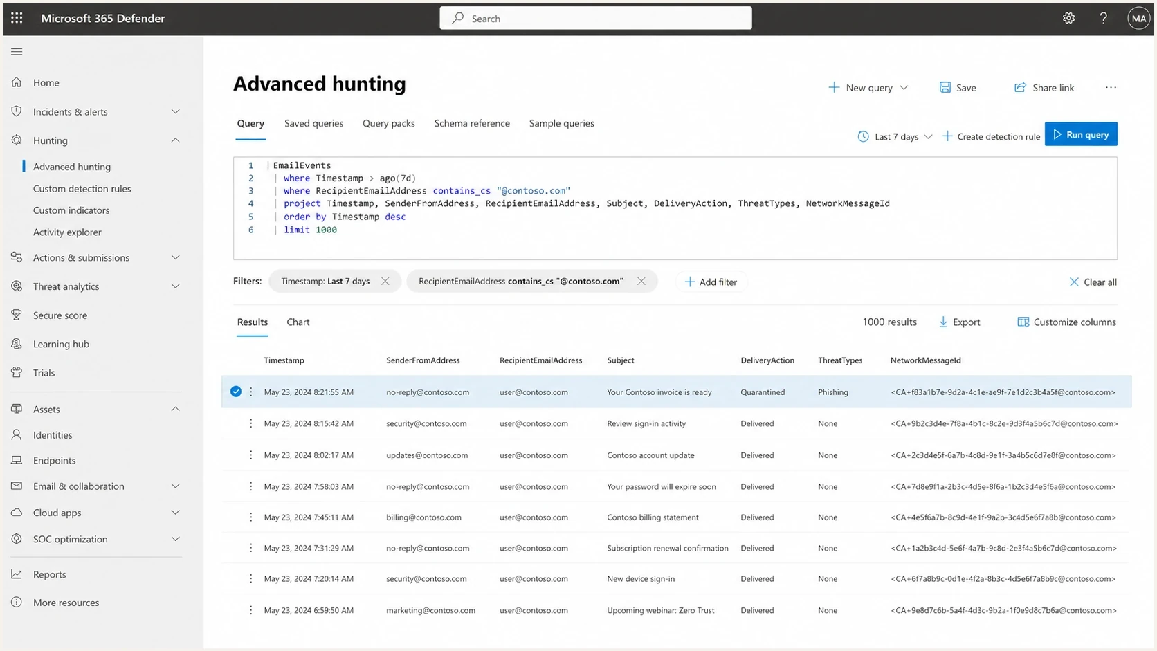 Microsoft 365 Defender message trace showing a quarantined Postmark transactional email.