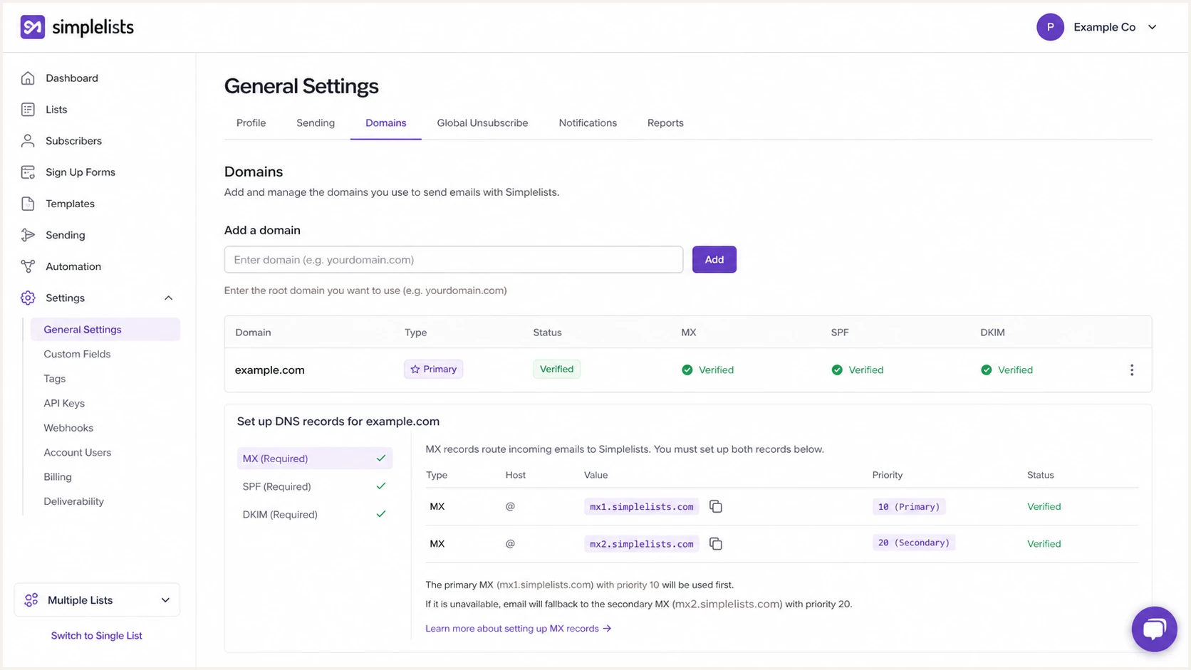 Simplelists Domains tab with a custom domain and DNS status