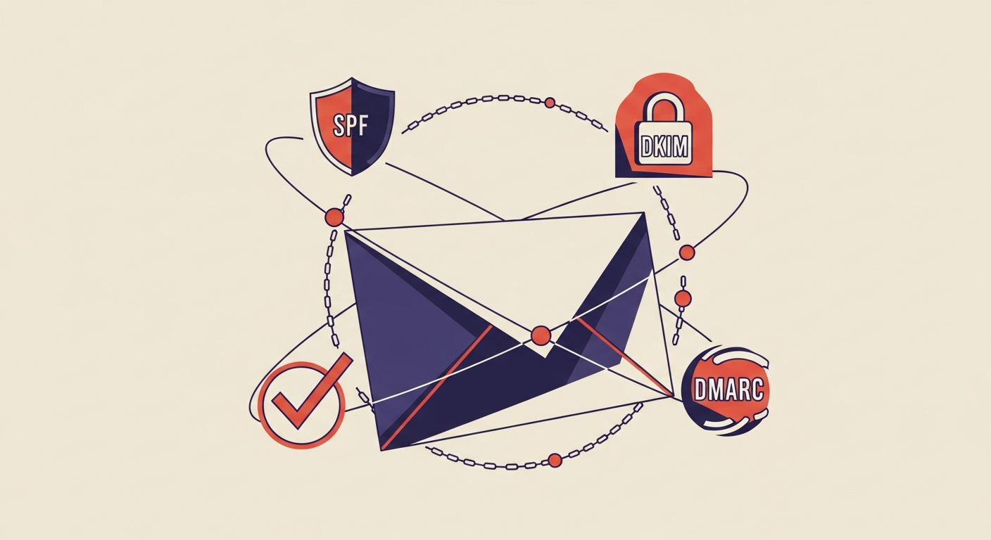 An illustration of email authentication, showing an envelope with authentication symbols and a chain, representing ARC.
