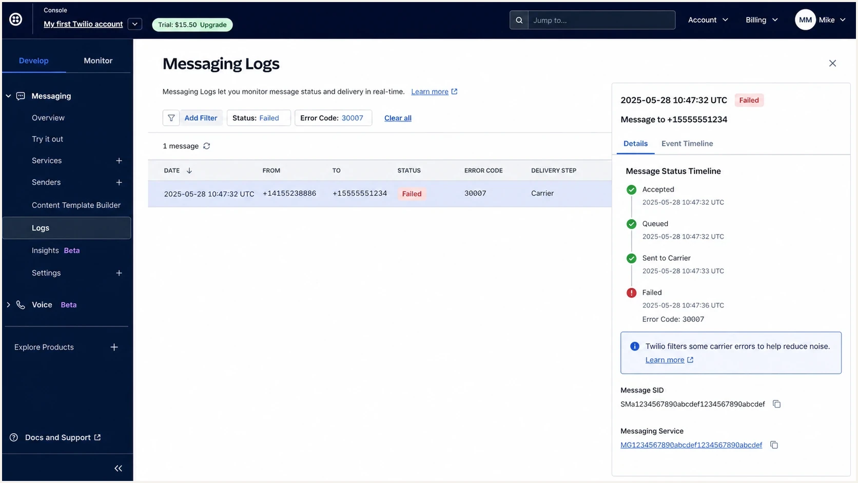 Twilio Console message log showing error 30007 on a filtered SMS.
