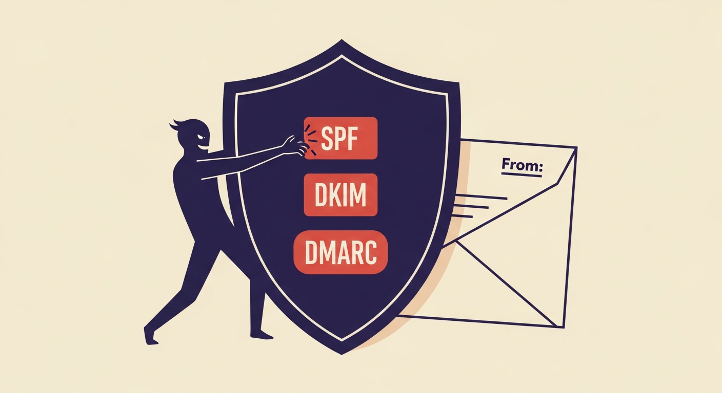 An illustrated shield representing DMARC, DKIM, and SPF protecting an email from a display name spoofing attempt.
