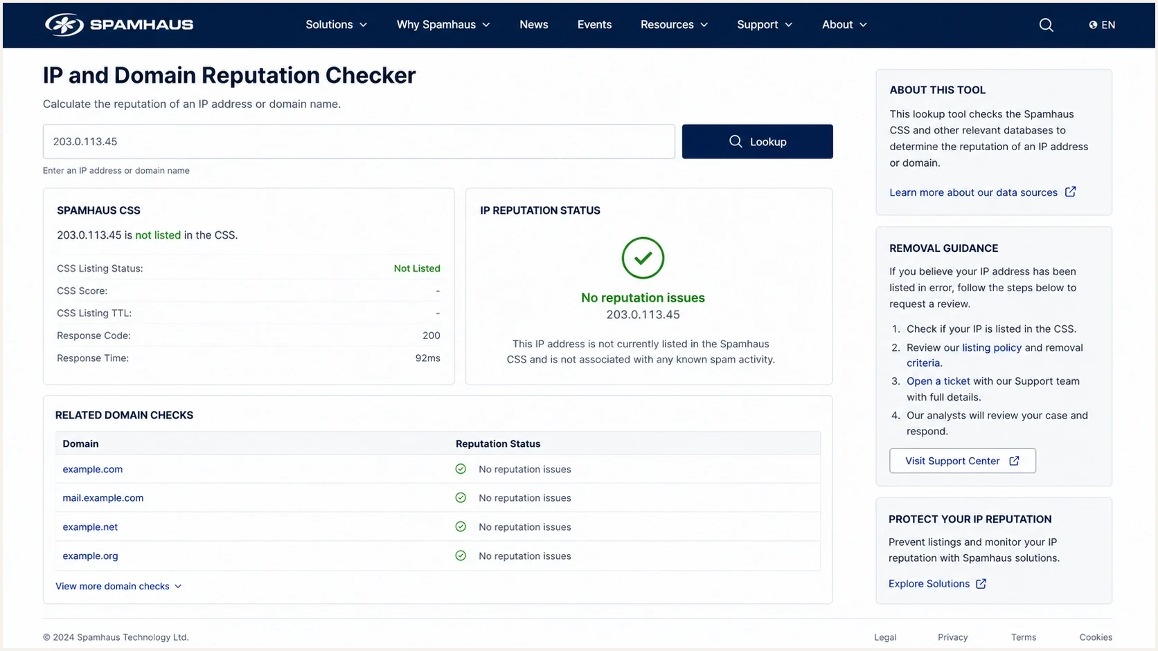Spamhaus reputation checker screen with a CSS result for an IP address.