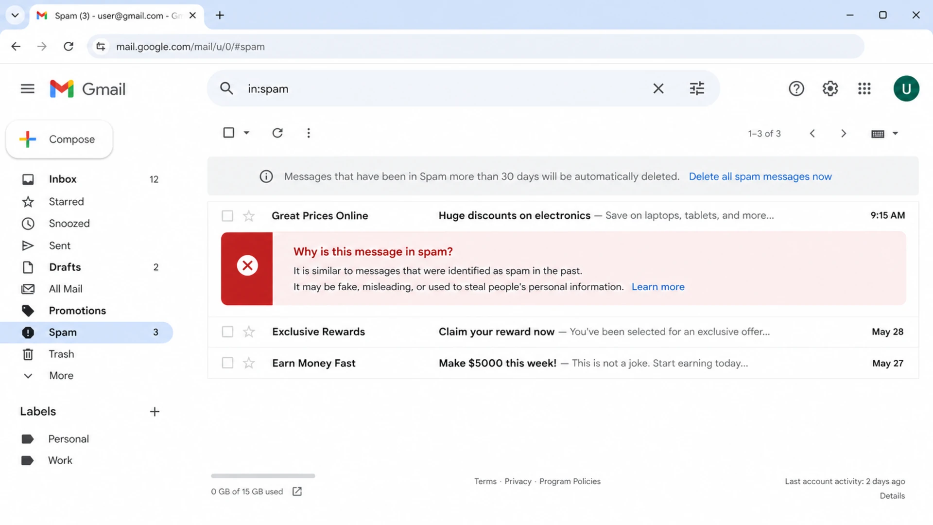 Gmail spam folder screen showing warning text about why a message was filtered.