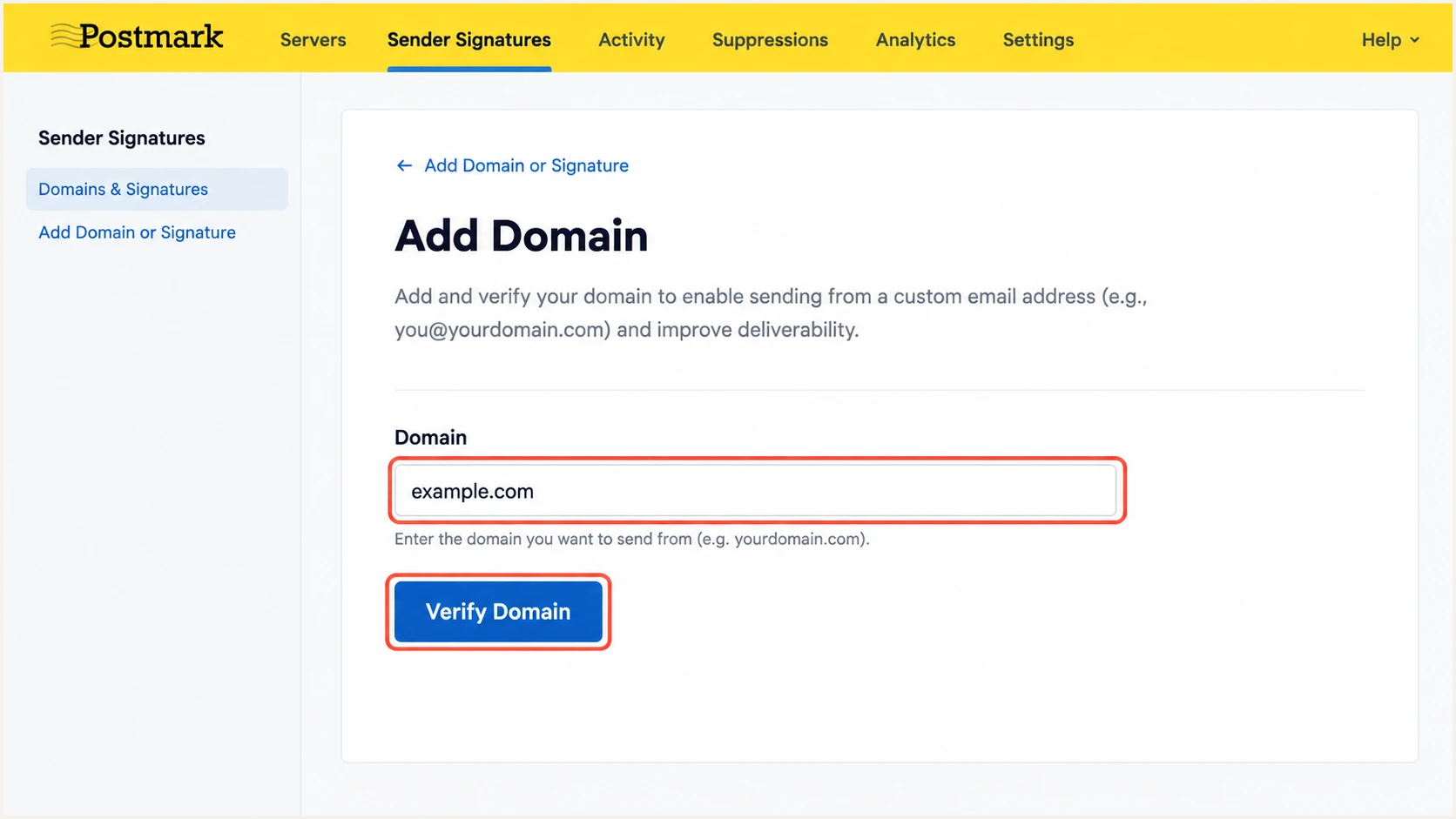 Enter the sending domain in Postmark and click Verify Domain.