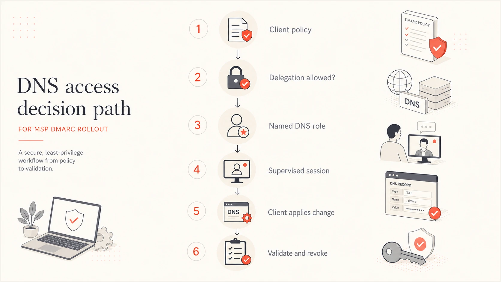 Decision path for delegated, supervised, or client-executed DNS changes