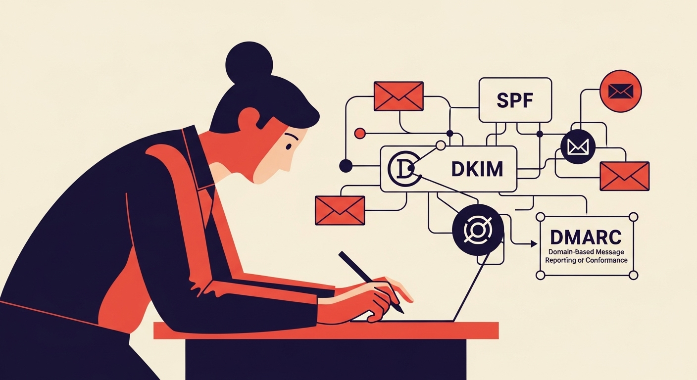 A person examining an email network with DMARC, SPF, and DKIM symbols for deliverability