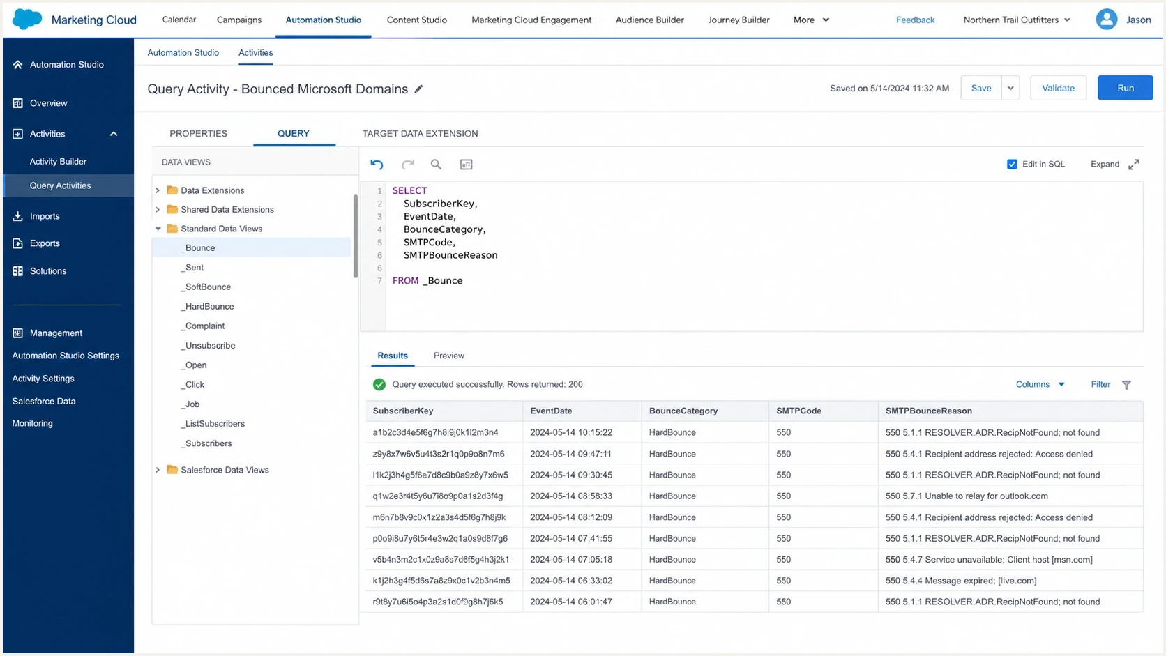 Salesforce Marketing Cloud query activity showing raw Microsoft bounce data.