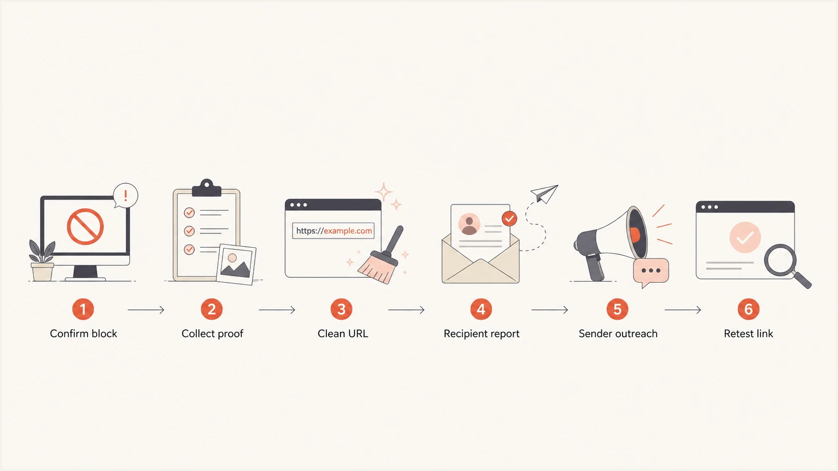 A six-step flowchart for confirming, reporting, and retesting an SFR link block.