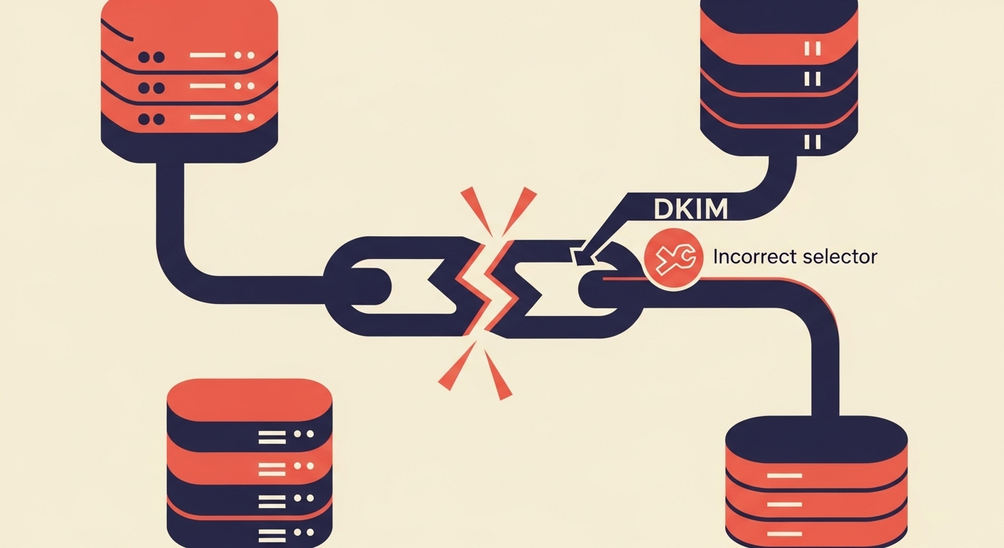 An illustration of a broken link in an email network, representing a DKIM authentication failure.
