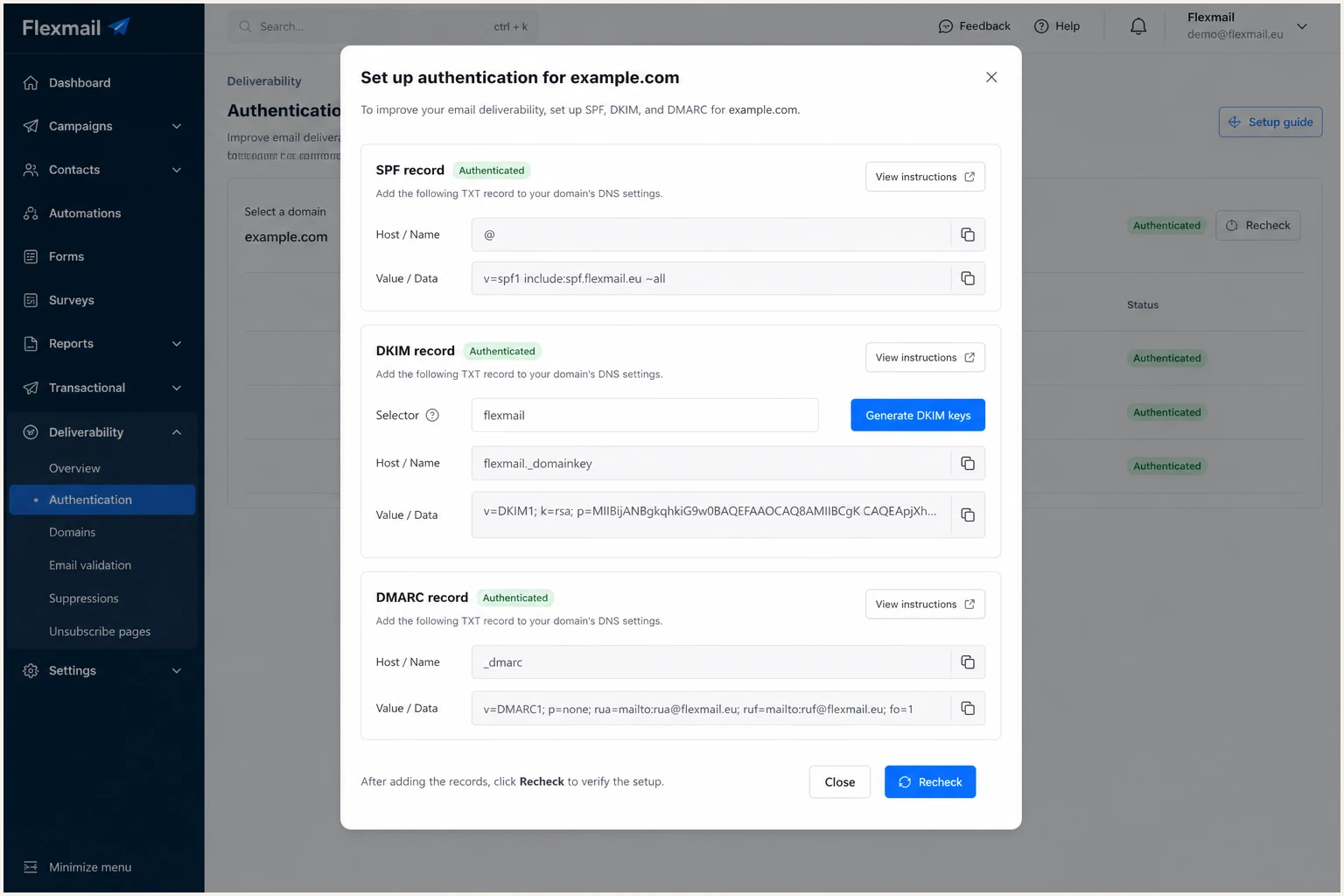 Flexmail DKIM key generation panel