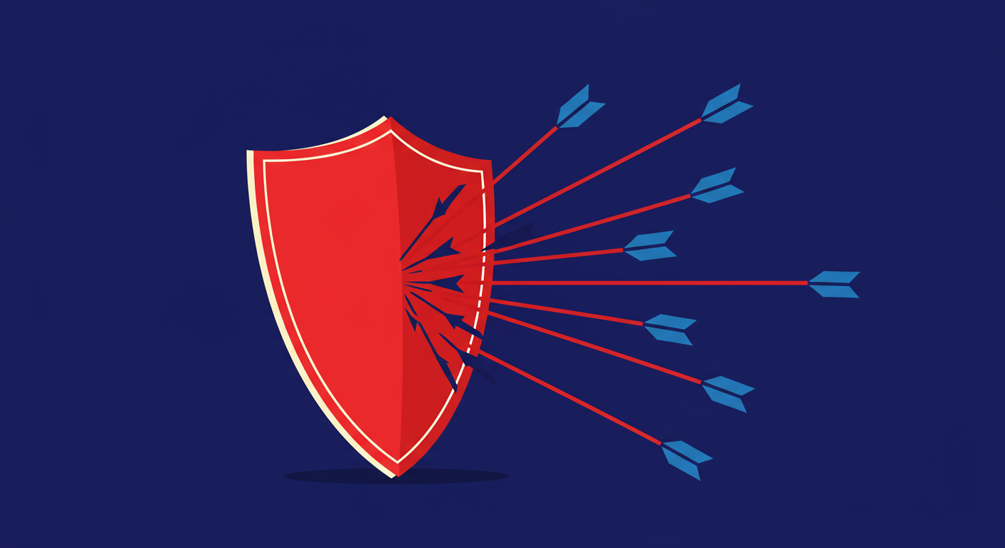 A minimalist illustration of a shield deflecting arrows, symbolizing protection and security. The style of the images should be A minimalist retro illustration in the style of Malika Favre. Dominant colors are bright poppy red and deep royal blue. Vector art, high contrast. Do not put any words in the image or alphanumeric characters. 