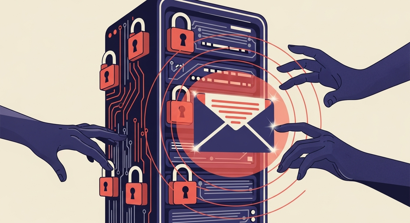 An illustration depicting a secure email server with digital locks, ensuring the protection and integrity of email messages against tampering.