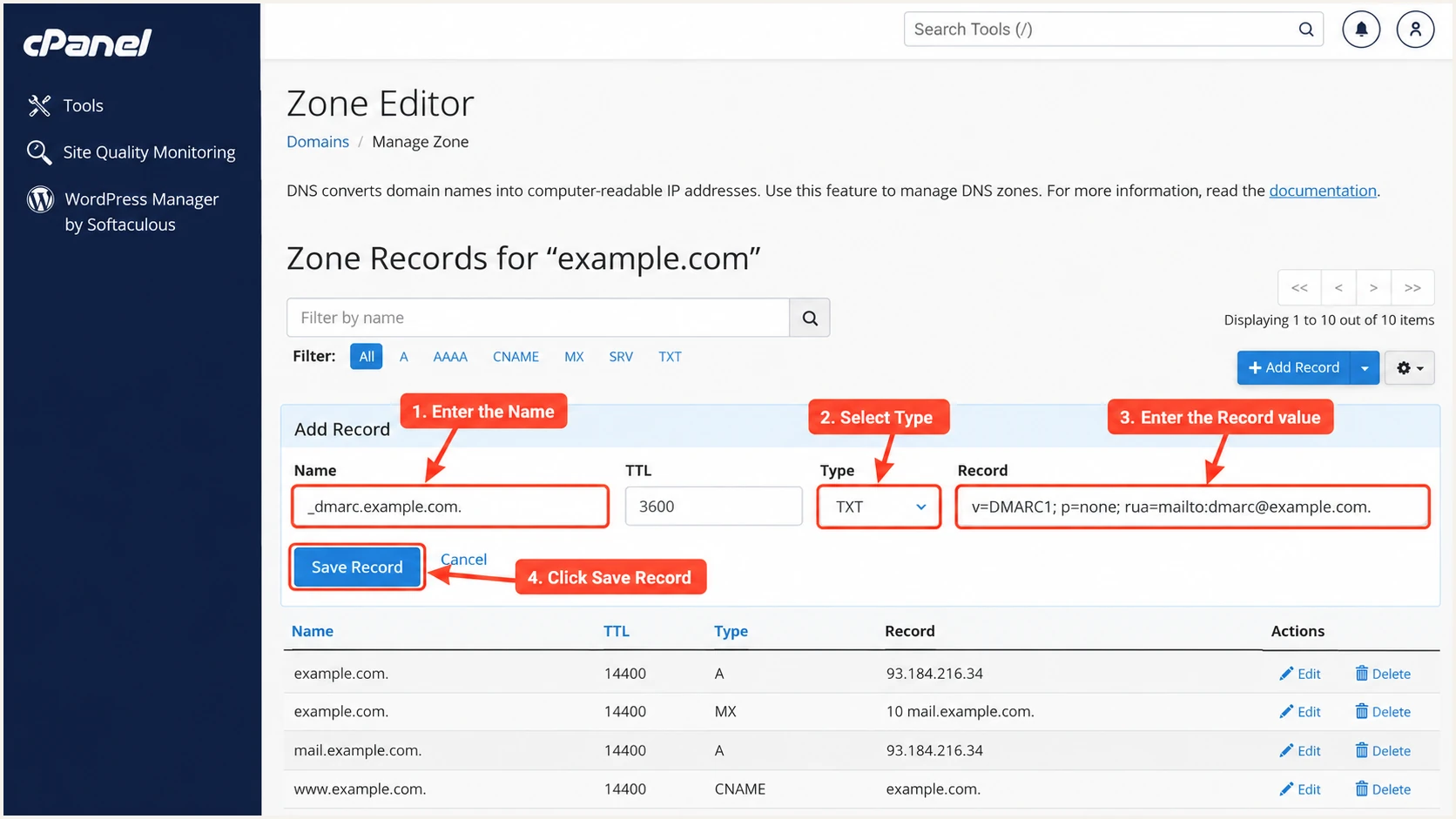 Illustration of adding a DMARC TXT record in XeonBD cPanel.