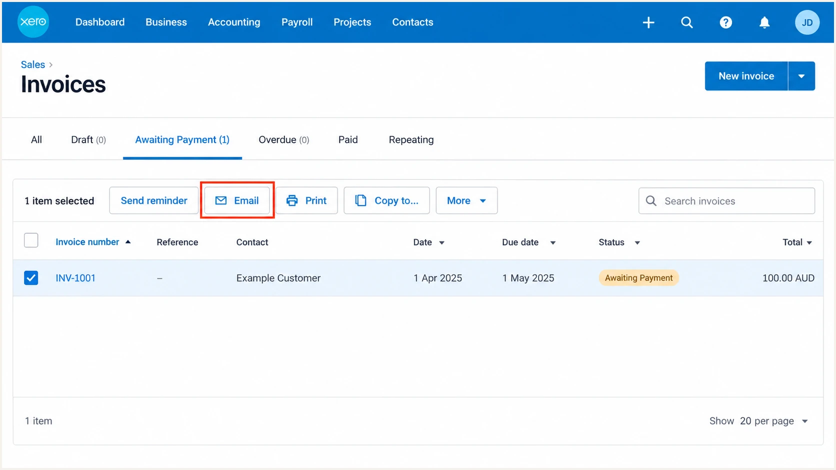 Select a sample Xero invoice and click Email to test its sending path.