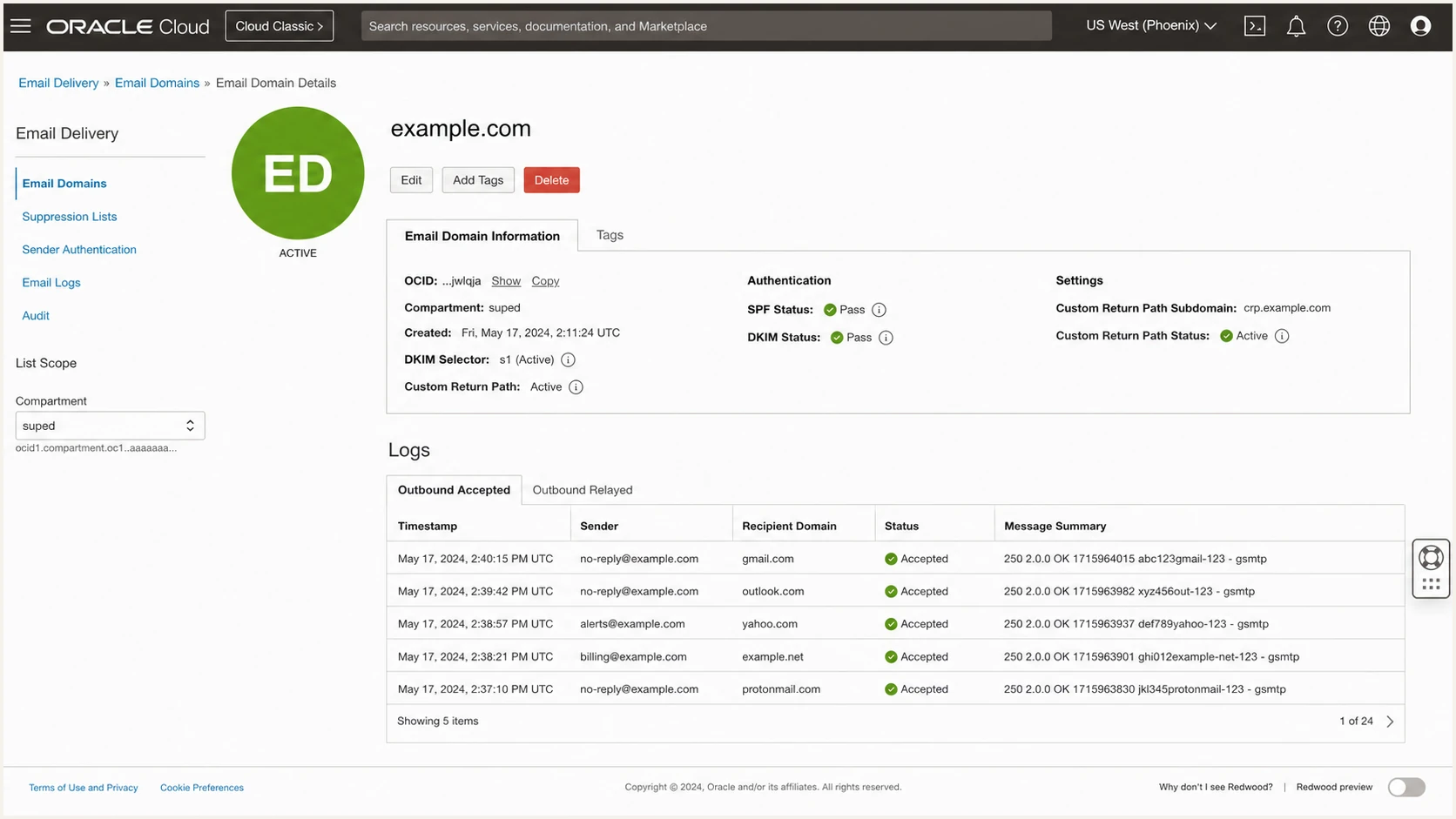 Checking authentication status and delivery logs in Oracle Email Delivery