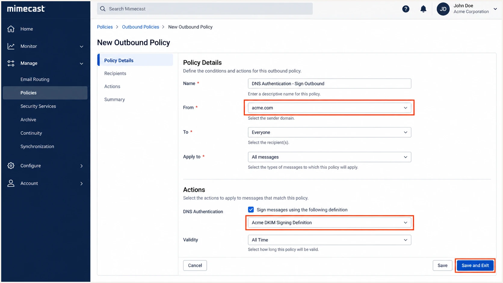 Mimecast outbound DKIM policy applied to an internal domain