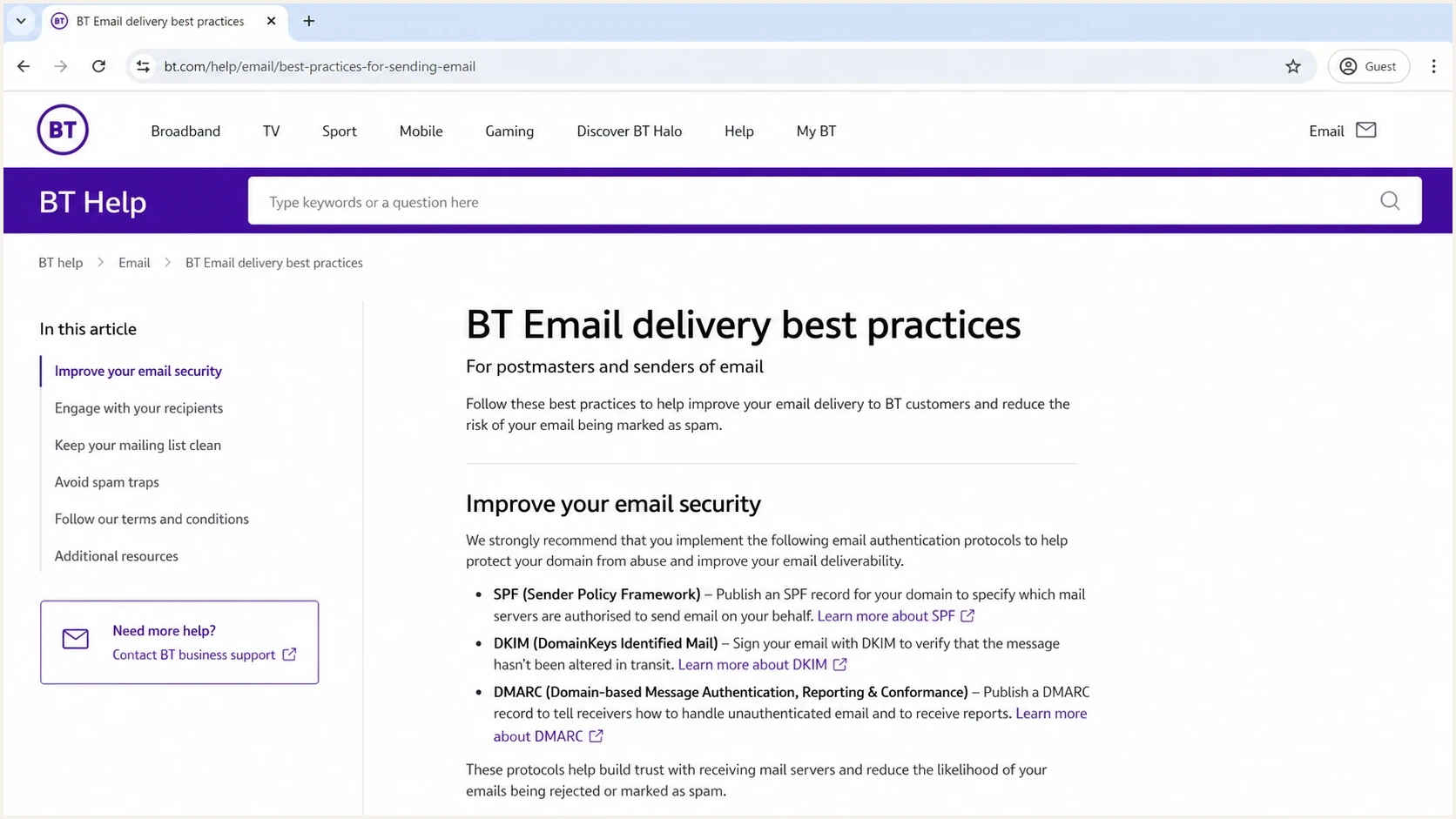BT Help page showing email delivery best practices for senders.