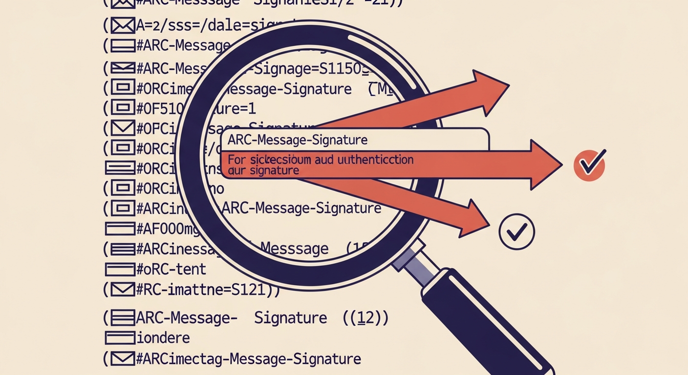 A magnifying glass examining an ARC-Message-Signature header.