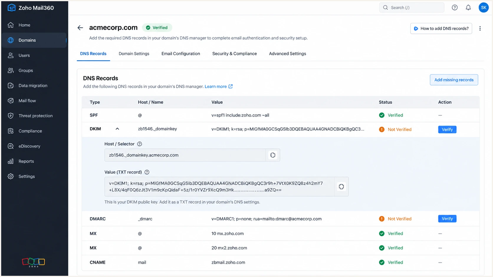 Zoho Mail360 DKIM record and Verify control