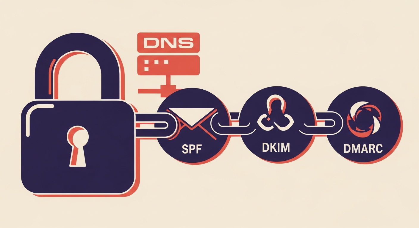 A padlock symbolizing email security, connected to a chain of SPF, DKIM, and DMARC icons, with a DNS server in the background.