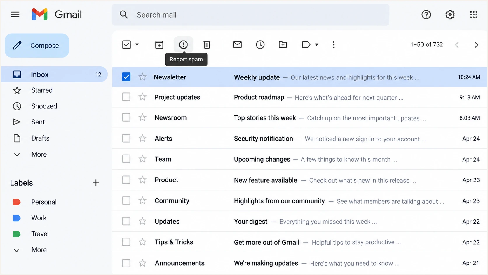Gmail inbox with a message selected and the Report spam control visible.