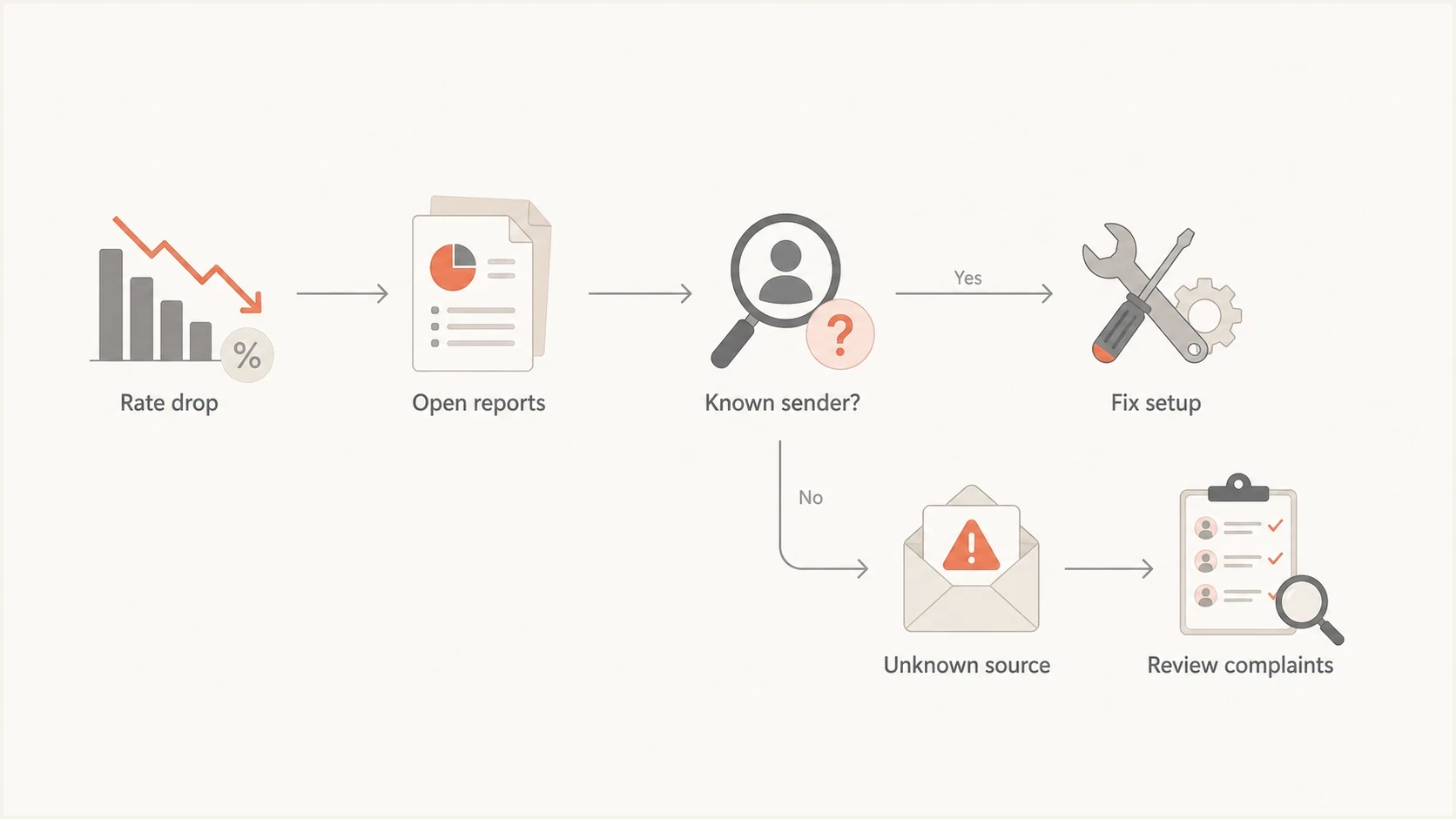 A flowchart for separating a DMARC drop from sender and complaint causes.