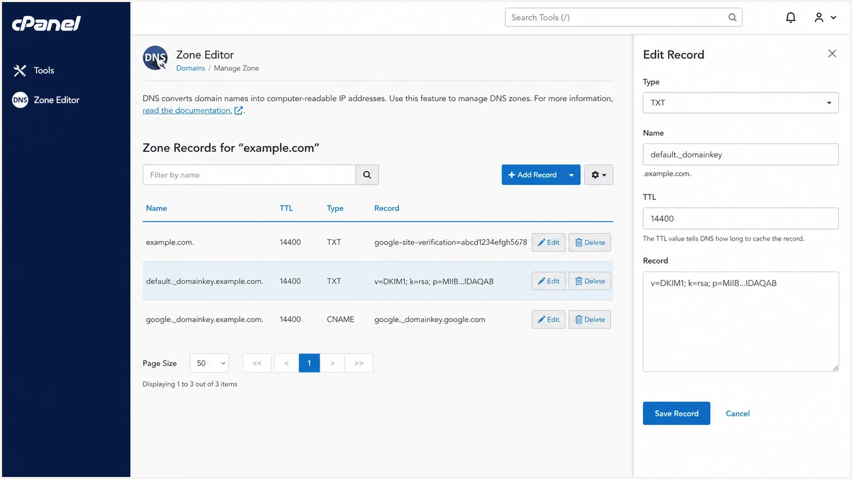 cPanel Zone Editor screen showing DKIM TXT and CNAME records in an A2 Hosting DNS zone.