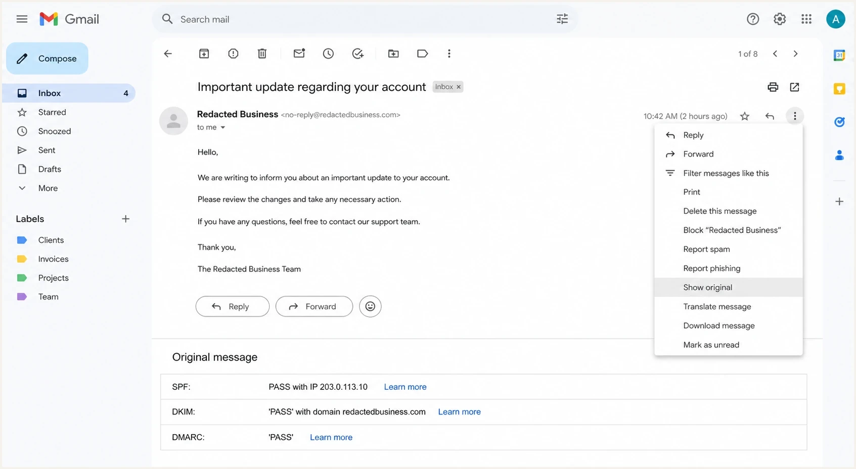 Gmail message menu and original message summary showing SPF, DKIM, and DMARC results.