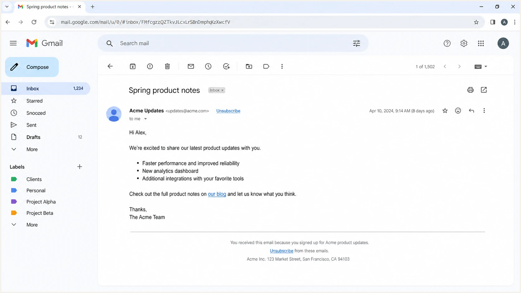 Gmail message view showing old unsubscribe links that can still be clicked after a migration.