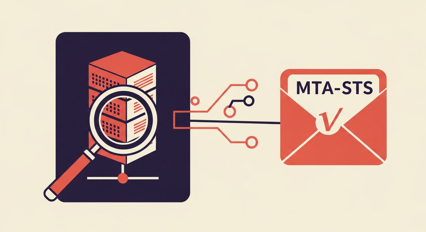 An illustration depicting the verification of an MTA-STS policy, showing a magnifying glass over a server and network connections.