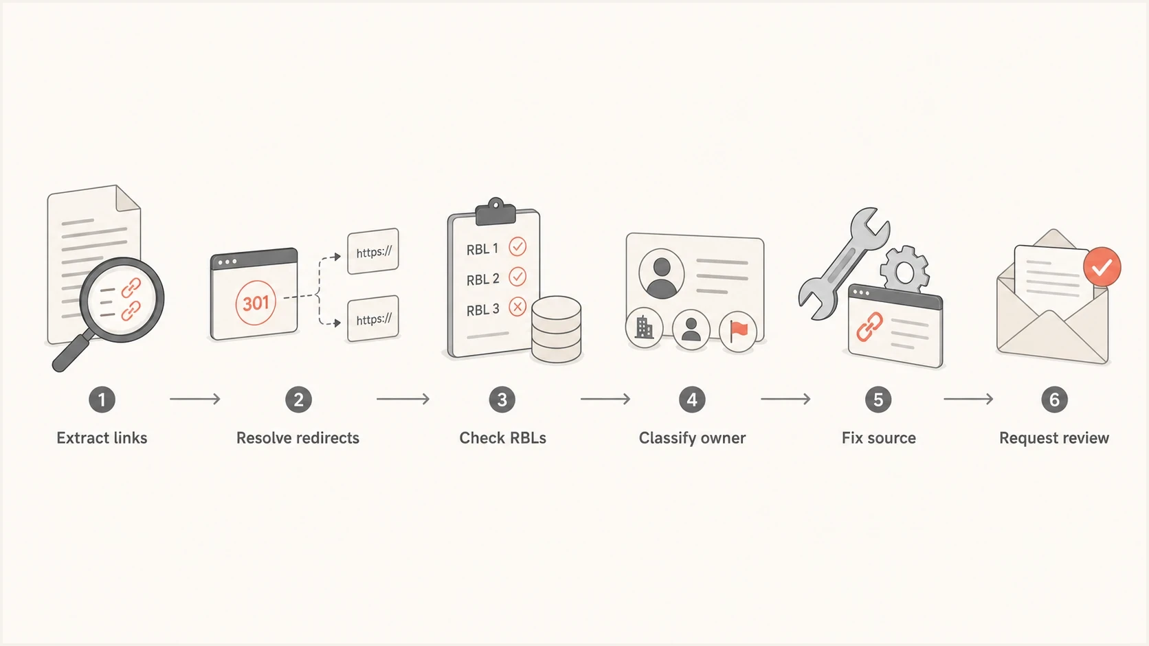 Flowchart for investigating a URL RBL listing by checking links, redirects, ownership, cleanup, and review.