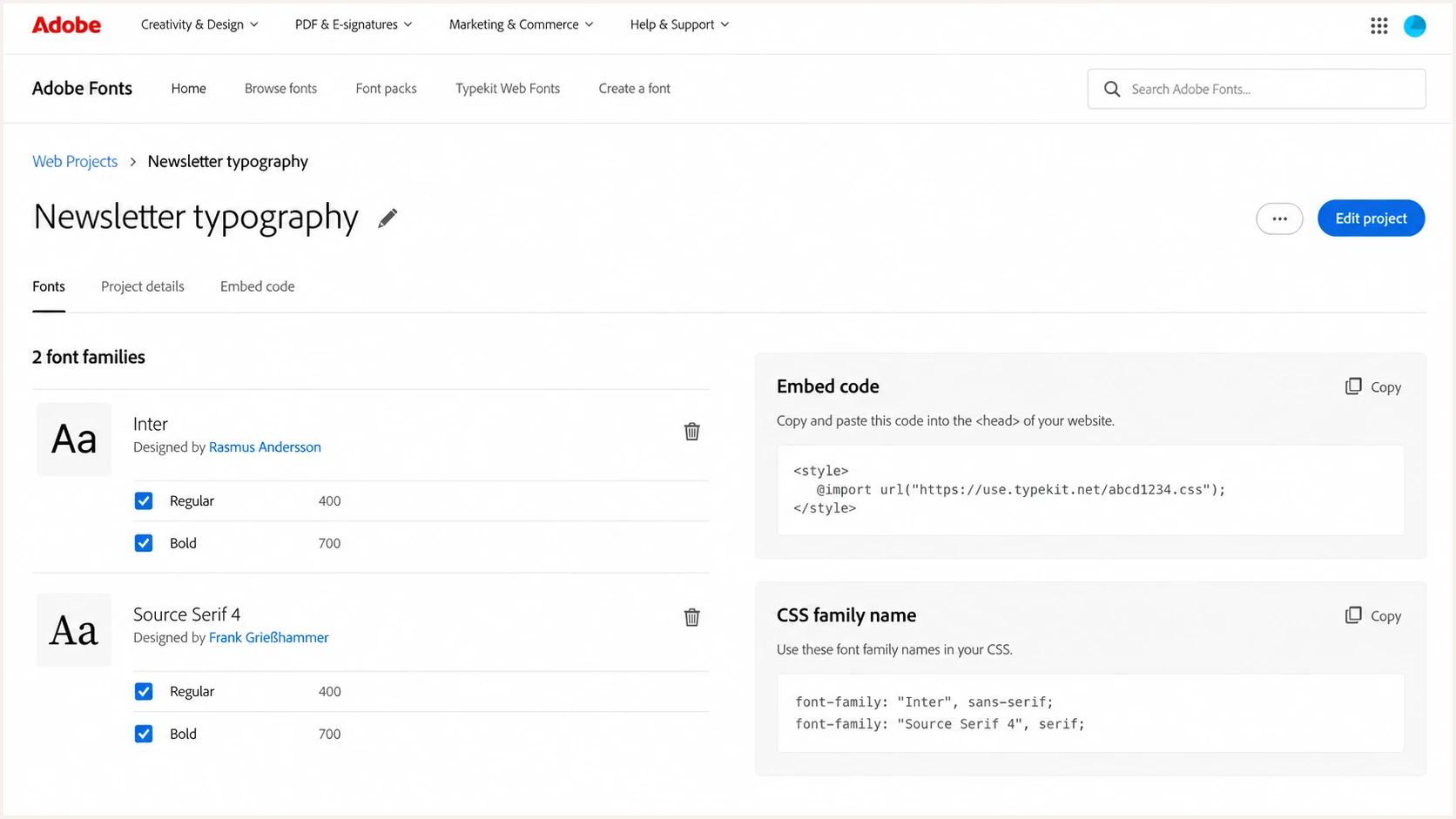 Adobe Fonts web project with selected families and email embed code.