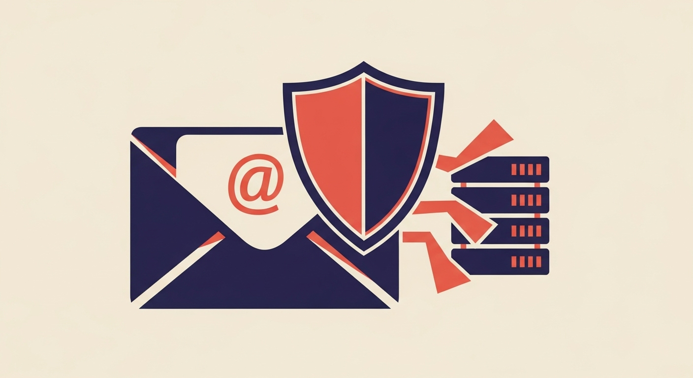 An illustration of email security with a shield protecting an email icon and servers