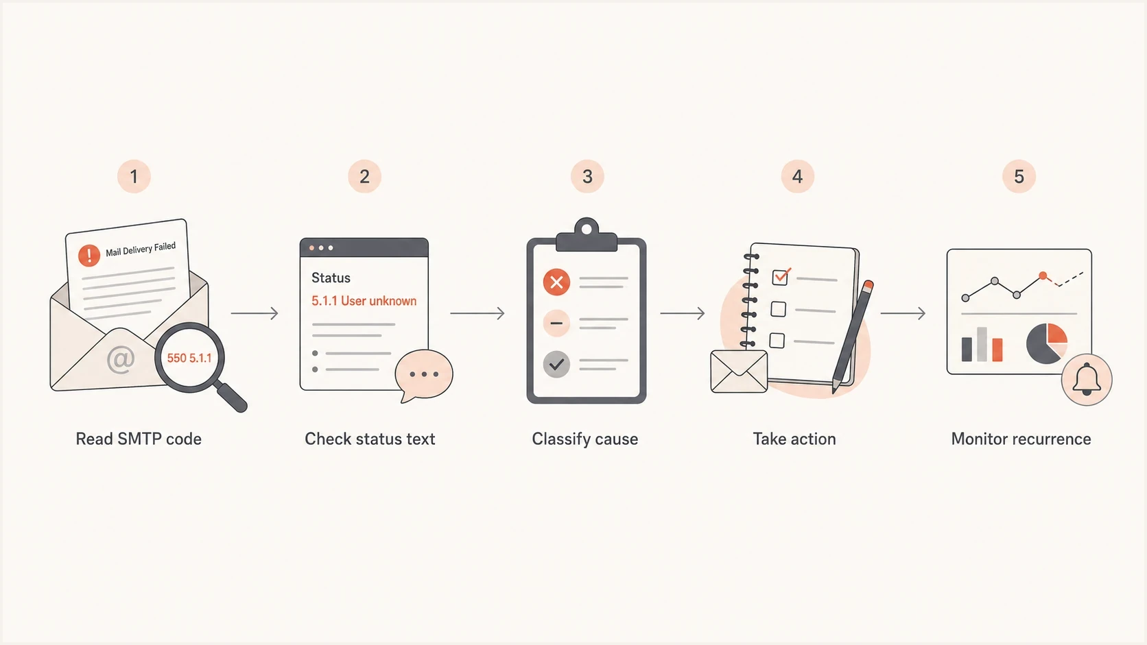 Email bounce troubleshooting flow from SMTP code and status text to action.