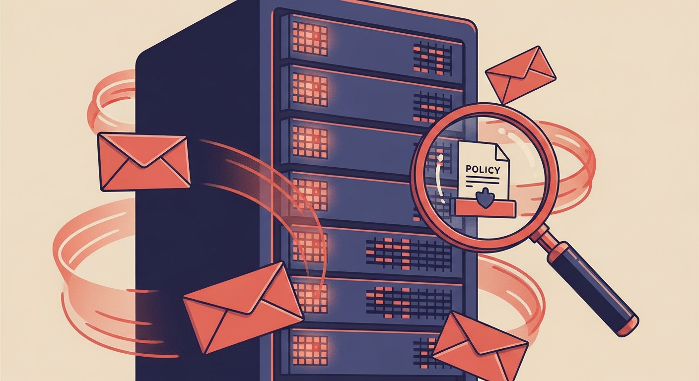 An illustration of a server rack with email envelopes, a magnifying glass checking a policy file.