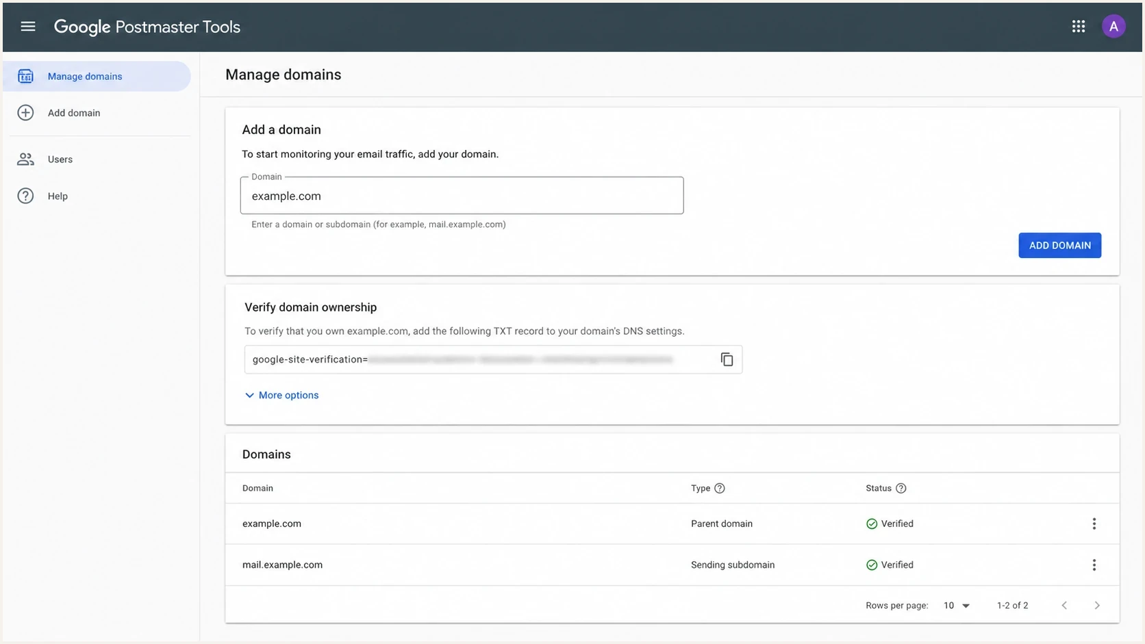 Google Postmaster Tools screen for adding a parent domain and subdomain