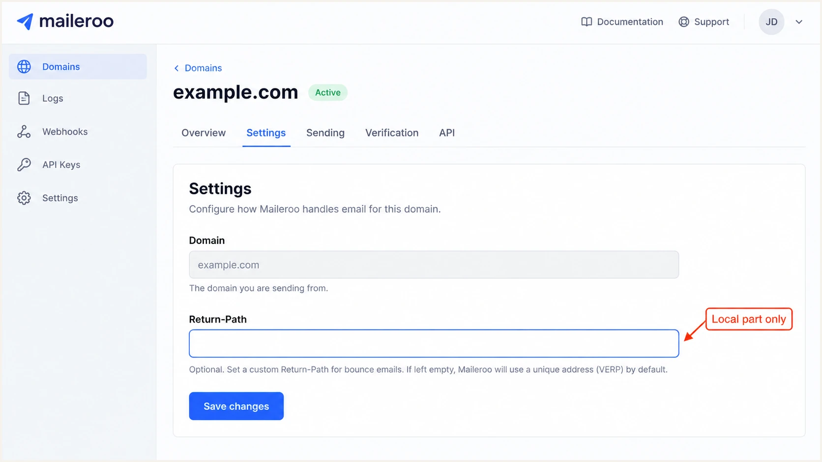 Maileroo Return-Path local-part setting (illustrative screenshot).